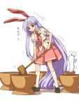  1girl :3 absurdly_long_hair animal_ears black_footwear closed_mouth full_body highres holding holding_mallet itou_yuuji kine long_hair mallet miniskirt mortar necktie pink_skirt puffy_short_sleeves puffy_sleeves purple_hair rabbit_ears red_eyes red_neckwear reisen_udongein_inaba shirt shoes short_sleeves simple_background skirt socks solo standing sweatdrop touhou translation_request very_long_hair white_background white_legwear white_shirt 