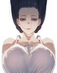  1girl bare_shoulders black_hair bow_(bhp) breasts closed_mouth covered_nipples dress hair_in_mouth hanging_breasts hasshaku-sama large_breasts long_hair looking_at_viewer original simple_background solo sundress upper_body upside-down violet_eyes white_background white_dress 