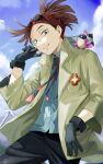  1boy :d absurdres animal_on_shoulder bangs bird bird_on_shoulder black_gloves black_pants blue_neckwear blue_shirt boku_no_hero_academia brown_hair brown_jacket commentary_request cowboy_shot day dress_shirt fengling_(furin-jp) gloves hand_up highres holding jacket long_sleeves looking_at_viewer male_focus necktie open_clothes open_jacket open_mouth outdoors pants pino_(boku_no_hero_academia) red_neckwear rody_soul shirt short_hair signature smile sunglasses teeth 