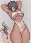  2girls absurdres alternate_breast_size armpits arms_behind_head ass back-to-back back_cutout backboob black_hair black_leotard blindfold breasts center_opening clothing_cutout covered_eyes curvy dark-skinned_female dark_skin dual_persona final_fantasy final_fantasy_xiv grey_background grey_hair grey_hairband grey_leotard hair_over_one_eye hairband hand_on_hip highres kelvin_hiu large_breasts leotard multiple_girls nier_(series) nier_automata palette_swap revealing_clothes short_hair solo_focus soulcalibur soulcalibur_vi standing sweat thick_thighs thighs thong_leotard under_boob yorha_no._2_type_b yorha_type_p_no._2 