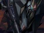  close-up commentary flying green_eyes gun gundam gundam_hathaway&#039;s_flash highres holding holding_gun holding_weapon mecha mobile_suit no_humans orrdriver science_fiction solo sunset v-fin weapon xi_gundam 