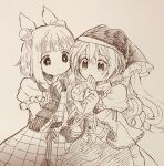  2girls bangs biyon blunt_bangs double_bun dress food food_in_mouth hair_ribbon haniyasushin_keiki head_scarf holding holding_food joutouguu_mayumi long_hair medium_hair monochrome multiple_girls ribbon short_sleeves symbol-only_commentary taiyaki touhou upper_body vambraces wagashi 