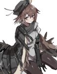  1girl ahoge arknights armband beret between_legs black_cape black_legwear blush brown_hair cape commentary_request feathers grey_shirt hair_between_eyes hand_between_legs hat highres looking_at_viewer na_tarapisu153 plume_(arknights) seiza shirt short_hair simple_background sitting solo thigh-highs white_background yellow_eyes 