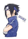  1boy artist_name black_eyes black_hair blue_shirt character_name closed_mouth crossed_arms forehead_protector highres looking_at_viewer naruto naruto_(series) ninja pinoko_(pnk623) shirt short_hair simple_background smile solo uchiha_sasuke white_background white_sleeves 