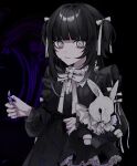  1girl 402_(o0_xxx) black_dress black_hair black_tears black_theme bow bowtie colored_tears crying dress fire flame frilled_dress frills gothic hair_bow highres holding holding_lighter holding_stuffed_toy lighter long_hair long_sleeves looking_at_viewer original puffy_long_sleeves puffy_sleeves rabbit stuffed_animal stuffed_bunny stuffed_toy two_side_up very_long_hair white_bow white_eyes 