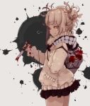  1girl bangs blonde_hair blood blood_on_clothes boku_no_hero_academia bottle closed_eyes closed_mouth cowboy_shot double_bun from_side grey_background hair_ornament heart holding holding_knife knife kona_(konahana) long_sleeves messy_hair miniskirt pleated_skirt scarf sideways_glance simple_background skirt smile solo splatter toga_himiko white_background 