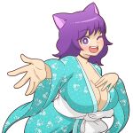  1girl alternate_breast_size animal_ears breasts cat_ears cat_girl choker floral_print indie_virtual_youtuber japanese_clothes kimono kirakirakat large_breasts medium_hair mike_inel one_eye_closed open_mouth outstretched_hand purple_hair round_teeth smile solo teeth transparent_background upper_body violet_eyes virtual_youtuber 