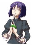  1girl android bob_cut broken clenched_teeth commentary_request dress eating ghost_in_the_shell green_dress highres itou_yuuji juliet_sleeves kusanagi_motoko long_sleeves mechanical_parts mochi puffy_sleeves purple_hair short_hair simple_background solo teeth upper_body violet_eyes white_background wide-eyed 