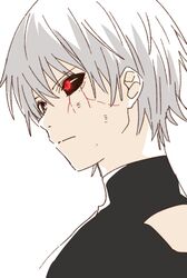  1boy blood heterochromia highres kaneki_ken looking_at_viewer male_focus namori red_eyes short_hair simple_background solo tokyo_ghoul upper_body white_background white_hair 