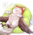  animal_ears bean_bag_chair bird cat_ears commentary_request dreaming feathered_wings feathers granblue_fantasy heysho_souko mouse no_humans owl owlcat saliva simple_background sleeping snot thought_bubble toy_mouse twitter_username white_background wings 