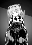  1girl bell blush closed_eyes facing_viewer greyscale hair_bell hair_ornament hakama hakama_skirt head_tilt highres itou_yuuji japanese_clothes jingle_bell kimono monochrome motoori_kosuzu on_chair parted_lips sitting skirt sleeping solo touhou two_side_up 