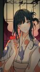  anime_coloring black_hair blue_eyes concept_art door fantasy heart highres japanese_clothes kimono light_background long_hair original 