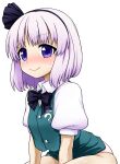  1girl :&gt; absurdres black_bow black_hairband black_neckwear blush blush_stickers bob_cut bow bowtie closed_mouth clothes_lift collared_shirt gradient_hair green_skirt green_vest hair_ornament hairband highres itou_yuuji konpaku_youmu looking_at_viewer medium_hair multicolored_hair panties pink_panties puffy_short_sleeves puffy_sleeves purple_hair shirt short_sleeves simple_background skirt skirt_lift smile solo touhou underwear vest violet_eyes white_background white_shirt wing_collar 