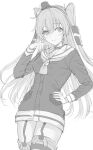  1girl amatsukaze_(kancolle) blush breasts choker eyebrows_visible_through_hair fingernails garter_straps greyscale hair_between_eyes hand_in_hair hand_on_hip highres kantai_collection long_fingernails long_hair looking_at_viewer medium_breasts mexif monochrome sailor_collar school_uniform serafuku smile solo thigh-highs thighs twintails white_background 