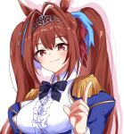  1girl animal_ears bangs black_bow blue_jacket blush bow breasts brown_bow brown_eyes brown_hair center_frills closed_mouth collared_shirt colored_shadow commentary_request daiwa_scarlet_(umamusume) drop_shadow epaulettes eyebrows_visible_through_hair fang fang_out frills ha_(hura76752775) hair_between_eyes hair_bow hair_intakes hand_up horse_ears index_finger_raised jacket juliet_sleeves large_breasts long_hair long_sleeves looking_at_viewer medium_breasts open_clothes open_jacket puffy_sleeves shadow shirt smile solo tiara twintails umamusume upper_body white_background white_shirt 