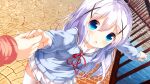  1girl absurdres bangs blue_eyes blue_hair blue_sweater blurry blurry_background blurry_foreground blush chinomaron day depth_of_field eyebrows_visible_through_hair gochuumon_wa_usagi_desu_ka? hair_between_eyes hair_ornament highres holding_hands kafuu_chino long_hair long_sleeves looking_at_viewer neck_ribbon open_mouth out_of_frame outdoors outstretched_arms petals pleated_skirt railing red_neckwear red_ribbon ribbon sailor_collar school_uniform serafuku skirt solo_focus sweater thigh-highs very_long_hair water white_legwear white_sailor_collar white_skirt x_hair_ornament 