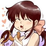  1girl :t ^_^ blush bow brown_hair closed_eyes copyright_request doughnut eating eyebrows_visible_through_hair facing_viewer fang food hair_bow hands_up heart highres holding holding_food itou_yuuji open_mouth pink_bow ponytail signature smile upper_body 