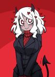 1girl :&gt; absurdres black_jacket black_skirt bright_pupils closed_mouth cowboy_shot demon_girl demon_horns demon_tail heart heart-shaped_pupils helltaker highres horns itou_yuuji jacket long_sleeves looking_at_viewer modeus_(helltaker) red_background red_eyes red_sweater ribbed_sweater skirt smile solo sweater symbol-shaped_pupils tail tail_wagging upper_body v_arms vanripper_(style) white_hair white_pupils 