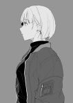  1girl absurdres bangs breasts closed_mouth daigaku_jitome eyebrows_visible_through_hair from_side greyscale highres jacket long_sleeves monochrome orange_eyes original profile short_hair simple_background solo spot_color sweater upper_body 