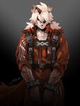  1boy animal_ears arknights artist_name dog_ears furry furry_male gradient gradient_background highres horns hung_(arknights) mochida_(hyxm) one_eye_covered orange_eyes prison_clothes single_horn 