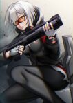  1girl :o ashtray black_jacket black_legwear breasts eyebrows_visible_through_hair fingerless_gloves girls_frontline glasses gloves grey_background grey_eyes gun highres holding holding_weapon hood hooded_jacket jacket ksg_(girls&#039;_frontline) lodbyy looking_at_viewer navel pantyhose short_hair shotgun silver_hair sitting solo weapon white_gloves 