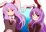  1girl animal_ears bangs blazer blouse breasts buttons clip_studio_paint_(medium) closed_mouth collared_blouse commentary_request expressionless eyebrows_visible_through_hair flat_color jacket light_purple_hair long_hair long_sleeves looking_down looking_to_the_side medium_breasts multiple_views necktie rabbit_ears red_eyes red_neckwear reisen_udongein_inaba touhou upper_body white_background white_blouse yasui_nori 
