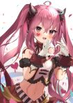  1girl ahoge armband bangs bustier confetti cowboy_shot crop_top fake_horns fang frills gloves goma_(u_p) grace_(sound_voltex) hair_between_eyes halo hand_up heart heart_hands heart_tattoo horns long_hair looking_at_viewer midriff navel open_mouth pink_eyes pink_hair red_skirt skirt solo sound_voltex striped tail tattoo vertical_stripes very_long_hair white_gloves wrist_cuffs 