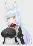  1girl animal_ear_fluff animal_ears bangs black_shirt breasts eyebrows_visible_through_hair fox_ears grey_background hair_between_eyes juliet_sleeves large_breasts light_blue_hair long_hair long_sleeves maid neck_ribbon nyifu original puffy_sleeves red_eyes red_neckwear ribbon shirt simple_background smile solo under_boob upper_body very_long_hair wing_collar 