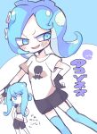  2girls black_shorts blue_background blue_eyes blue_hair blue_legwear blush hand_on_hip long_hair looking_at_another medium_hair multiple_girls navel octoling one_eye_covered open_mouth shirt shorts simple_background smile splatoon_(series) splatoon_2 splatoon_2:_octo_expansion tentacle_hair terada_tera thigh-highs white_background white_shirt 