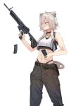  1girl ahoge animal_ears assault_rifle belt breasts cargo_pants choker crop_top earrings grey_eyes grey_hair gun highleg highleg_panties highres hololive jewelry kitanxjk lion_ears lion_tail lowleg lowleg_pants m4_carbine magazine_(weapon) medium_breasts midriff navel panties pants rifle serious shishiro_botan short_hair_with_long_locks sidelocks solo tail tank_top trigger_discipline underwear virtual_youtuber weapon white_tank_top 