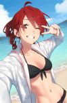  1girl absurdres beach bikini black_bikini collarbone commentary dutch_angle grin hand_up highres jacket kasane_teto looking_at_viewer midriff navel ocean one_eye_closed open_clothes open_jacket outstretched_arm red_eyes redhead selfie short_hair smile solo swimsuit twin_drill upper_body utau v v_over_eye white_jacket yasutange 