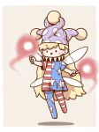  1girl american_flag_dress american_flag_legwear black_eyes blonde_hair blush border clownpiece fairy_wings flying full_body hat highres holding holding_torch jester_cap long_hair looking_at_viewer pantyhose poronegi simple_background smile solo torch touhou very_long_hair white_border wings yellow_background 
