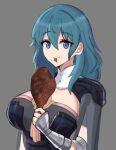  1girl blue_eyes blue_hair breasts byleth_(fire_emblem) byleth_eisner_(female) closed_mouth desspie eating eyebrows_visible_through_hair fire_emblem fire_emblem:_three_houses food highres holding holding_food large_breasts long_hair looking_at_viewer smile solo 