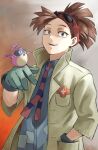  1boy absurdres bangs bird bird_on_hand blue_neckwear blue_shirt boku_no_hero_academia breast_pocket coat eyewear_on_head fengling_(furin-jp) gloves green_gloves grey_background hand_in_pocket hand_up highres huge_filesize long_sleeves looking_at_viewer male_focus multicolored multicolored_background open_clothes open_coat open_mouth pino_(boku_no_hero_academia) pocket red_background red_eyes red_neckwear redhead rody_soul shirt short_ponytail sleeves_past_elbows smile sunglasses two-tone_neckwear upper_teeth 