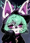  animal_ears character_request curly_hair ears_through_headwear green_hair hair_between_eyes hand_up highres hood hood_up jitome league_of_legends looking_at_viewer medium_hair pale_skin parted_lips pink_eyes solo ssambatea upper_body vex_(league_of_legends) 