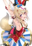  1girl absurdres animal_ears armpits artist_name bangs bare_shoulders blonde_hair braid breasts commentary_request eyebrows_visible_through_hair fox_ears fox_girl fox_tail hair_ornament heart heart_in_eye highres hololive izumi_kei omaru_polka open_mouth solo symbol_in_eye tail violet_eyes virtual_youtuber 