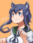  1girl animal_ears blue_eyes blue_hair cat_ears cosplay fang fubuki_(kancolle) fubuki_(kancolle)_(cosplay) gotland_(kancolle) green_sailor_collar hair_bun highres kantai_collection kemonomimi_mode long_hair looking_up mole mole_under_eye orange_background paw_pose sailor_collar sailor_shirt school_uniform serafuku shirt simple_background smile solo umibudou upper_body 