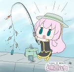  1girl absurdres aqua_eyes belt black_shirt black_skirt boots bottle box bucket character_name chibi commentary cross-laced_footwear fish fishing fishing_rod full_body gold_trim hat hatsune_negame headphones highres holding holding_fishing_rod knee_boots lace-up_boots long_hair megurine_luka motion_lines outdoors pink_hair shirt short_sleeves skirt solid_oval_eyes solo standing surprised very_long_hair vocaloid 