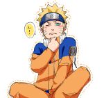  1boy blonde_hair blue_eyes blush closed_mouth commentary_request forehead_protector highres jacket long_sleeves looking_at_viewer naruto naruto_(series) ninja one_eye_closed orange_jacket orange_pants pants pinoko_(pnk623) short_hair simple_background solo speech_bubble uzumaki_naruto white_background 