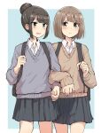  2girls :d backpack bag bangs betock black_eyes blunt_bangs brown_hair brown_sweater commentary_request cowboy_shot eyebrows_visible_through_hair facing_viewer grey_sweater hair_bun highres light_smile locked_arms long_sleeves medium_hair multiple_girls open_mouth original school_uniform smile sweater 