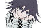  1boy :o bangs checkered checkered_neckwear checkered_scarf danganronpa_(series) danganronpa_v3:_killing_harmony eyebrows_visible_through_hair grey_background grey_jacket hair_between_eyes hands_on_own_cheeks hands_on_own_face hands_up highres jacket long_sleeves looking_at_viewer male_focus open_mouth ouma_kokichi scarf simple_background solo upper_body upper_teeth vo1ez white_background 
