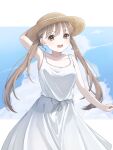  1girl :d breasts brown_eyes brown_hair clouds cloudy_sky collarbone commentary dress eyebrows_visible_through_hair hand_on_own_head hat highres long_hair looking_at_viewer miteinano_(mitei_nano28) original ribbon sky smile solo straw_hat sundress teeth twintails white_dress white_ribbon 