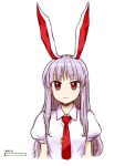  1girl :3 closed_mouth eyebrows_visible_through_hair highres itou_yuuji long_hair looking_at_viewer necktie puffy_short_sleeves puffy_sleeves purple_hair red_eyes red_neckwear reisen_udongein_inaba shirt short_sleeves simple_background solo touhou translation_request upper_body white_background white_shirt 