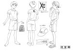  1boy absurdres backwards_hat barefoot baseball_cap casual from_behind from_side greyscale hat highres ikari_shinji looking_to_the_side male_focus monochrome multiple_views neon_genesis_evangelion official_art production_art production_note sadamoto_yoshiyuki sandals shorts sideways_glance simple_background white_background zip_available 