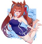  1girl animal_ears bangs barefoot blue_swimsuit bow breasts brown_hair covered_navel daiwa_scarlet_(umamusume) eyebrows_visible_through_hair fang floating hair_bow hair_ornament horse_ears horse_girl index_finger_raised kemu_(guruguru_dan) large_breasts legs_up long_hair looking_at_viewer outside_border red_bow red_eyes school_swimsuit skin_fang smirk solo swimsuit tiara twintails umamusume very_long_hair water_drop 