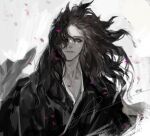  1boy black_theme closed_mouth copyright_request floating_hair hair_over_one_eye highres japanese_clothes kimono long_hair looking_at_viewer male_focus one_eye_covered petals pigeon666 signature solo spot_color translation_request upper_body violet_eyes 