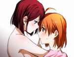  2girls absurdres ahoge blush breasts closed_mouth commentary_request eyebrows_visible_through_hair finger_to_another&#039;s_mouth highres kougi_hiroshi love_live! love_live!_sunshine!! multiple_girls orange_hair parted_lips redhead sakurauchi_riko short_hair sideboob sweatdrop takami_chika topless yuri 