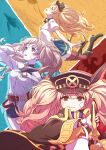  1girl aircraft airship bandaid bandaid_on_face bangs belt black_coat blonde_hair boots buttons closed_mouth coat collarbone collared_coat commentary_request dragon feathers floating full_body granblue_fantasy hand_in_hair hat highres long_hair looking_at_viewer looking_up monika_weisswind multiple_persona nakahima necktie open_mouth peaked_cap princess_connect! puffy_short_sleeves puffy_sleeves sheath shingeki_no_bahamut shirt short_sleeves shorts skirt sleeveless sleeveless_shirt sword thigh-highs turtleneck twintails unsheathing upper_body v-shaped_eyebrows weapon white_shirt 