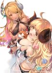  2girls ahoge anila_(granblue_fantasy) blonde_hair blush breasts draph gradient_hair granblue_fantasy highres horns kuvira_(granblue_fantasy) large_breasts mayuzaki_yuu multicolored_hair multiple_girls owlcat post_guild_war_celebration sheep_horns 