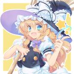  1girl alternate_eye_color apron aqua_eyes arm_strap bangs black_headwear black_vest blonde_hair blue_eyes blush colorized commentary_request eyebrows_visible_through_hair eyes_visible_through_hair flat_chest fluffy frilled_hat frilled_ribbon frills gradient_eyes green_eyes hair_between_eyes hair_ribbon hat hat_ribbon highres kirisame_marisa long_hair lucie multicolored multicolored_eyes open_mouth outline puffy_short_sleeves puffy_sleeves purple_ribbon ribbon shirt short_sleeves smile snapping_fingers solo star_(sky) suguni touhou tress_ribbon upper_body vest white_ribbon white_shirt witch_hat 